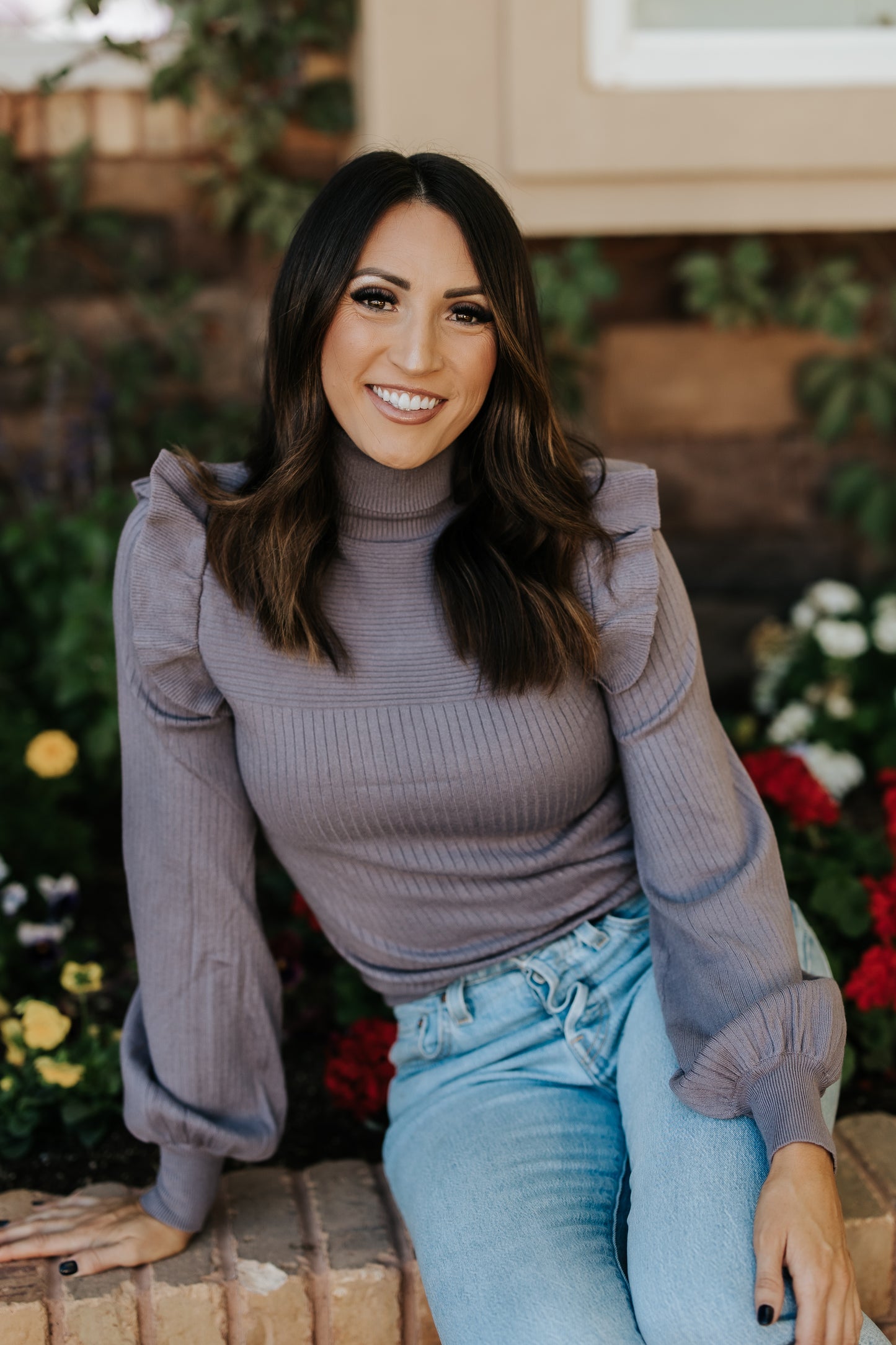 SABRINA VIOLET SHOULDER RUFFLE TURTLENECK SWEATER