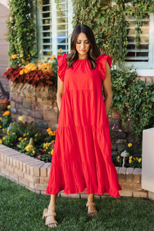 NINA CORAL RED FLUTTER SLEEVE TIERED DRESS