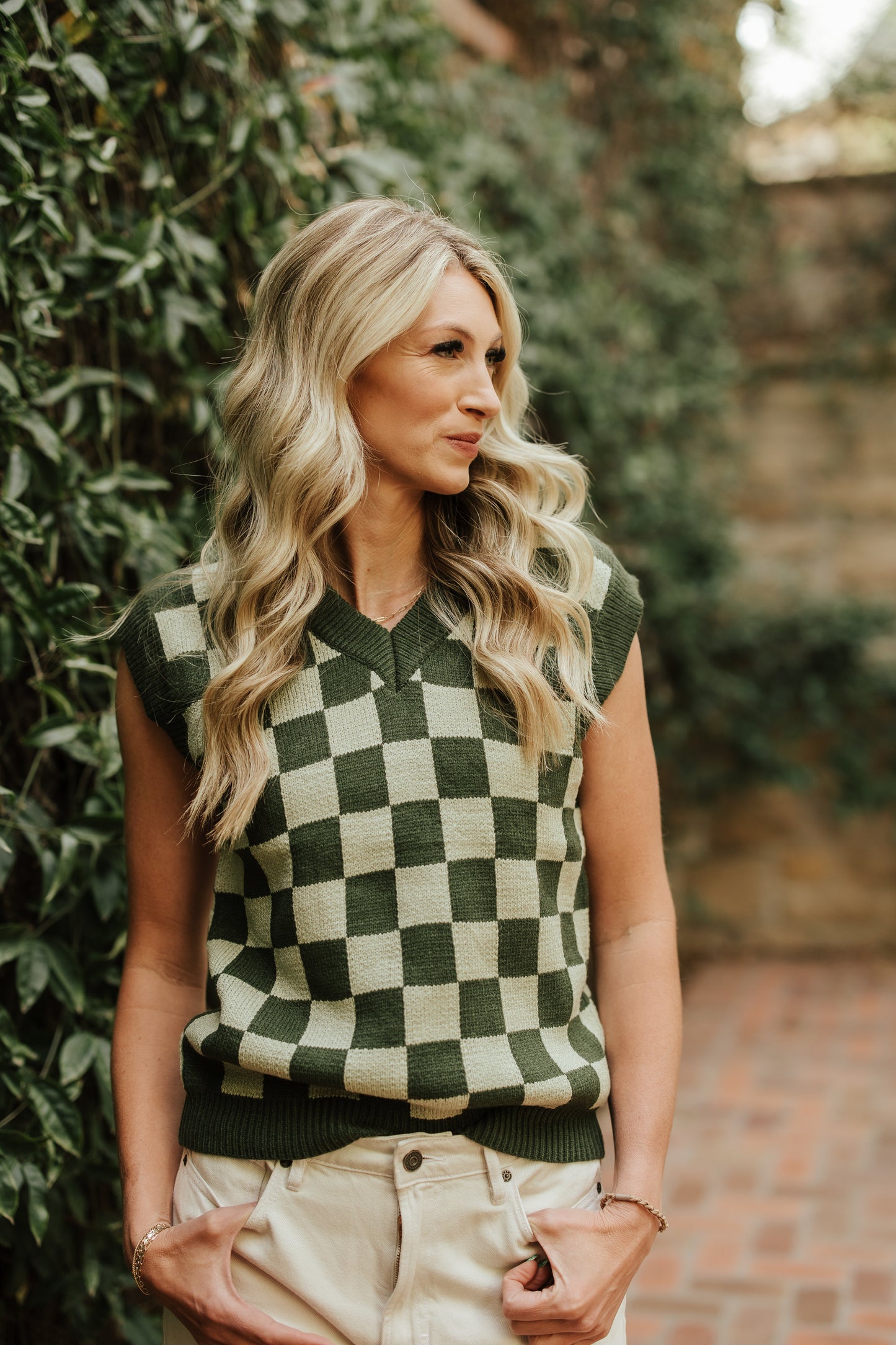GISELLE GREEN CHECKERED SWEATER VEST
