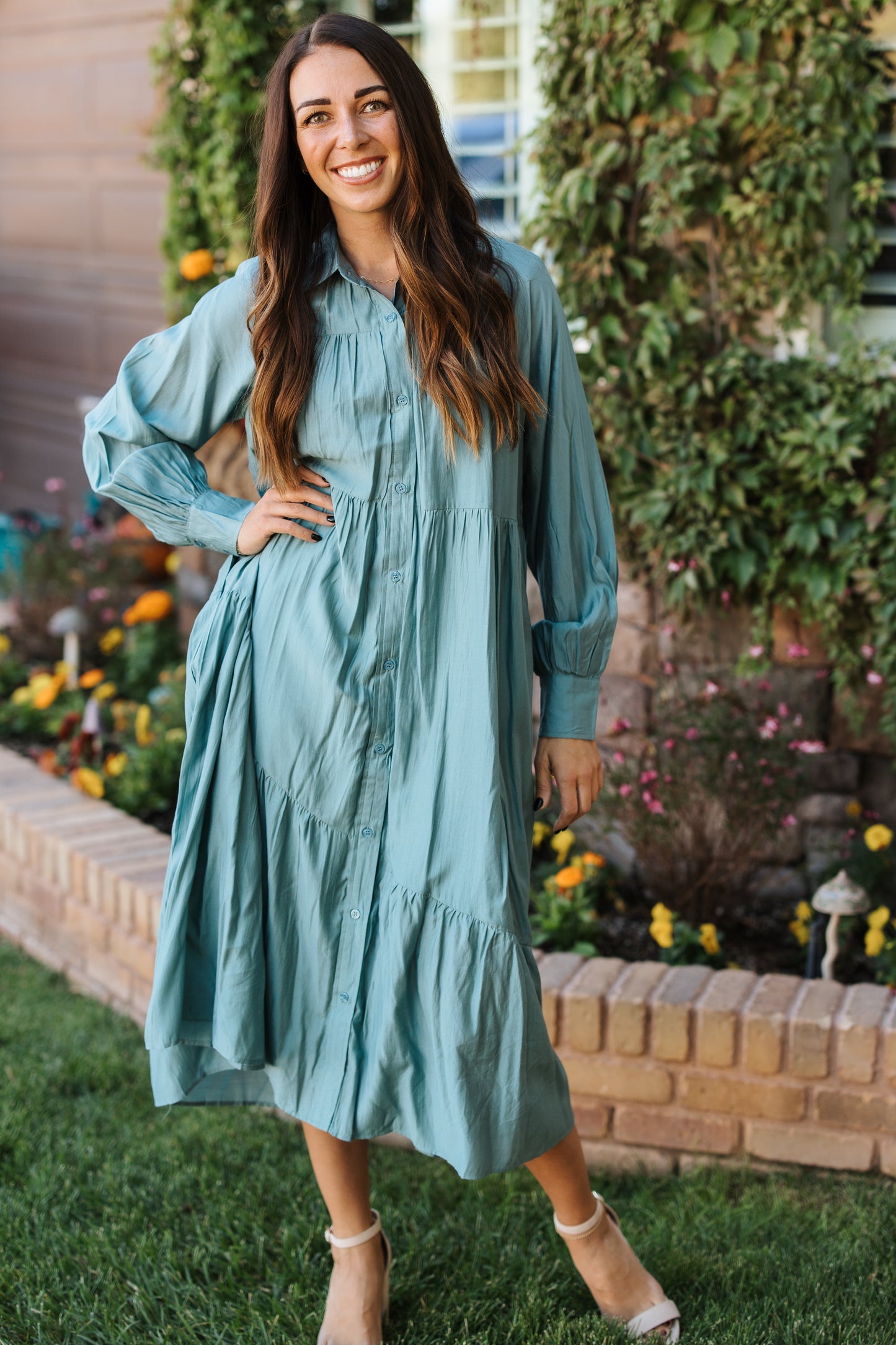 SELAH SAGE BLUE TIERED BUTTON DOWN DRESS