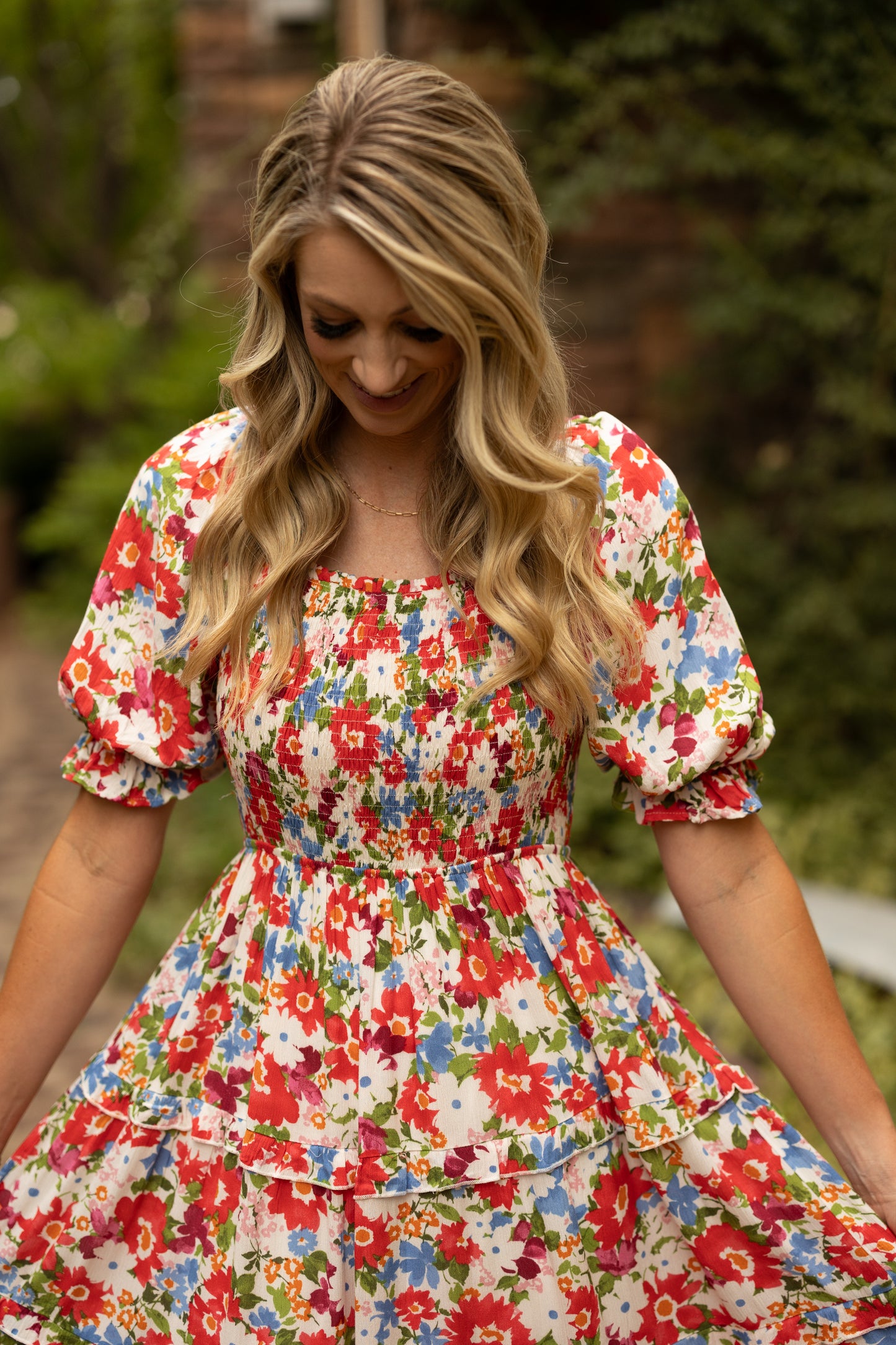 POSIE SMOCKED FLORAL DRESS WITH SQUARE NECK