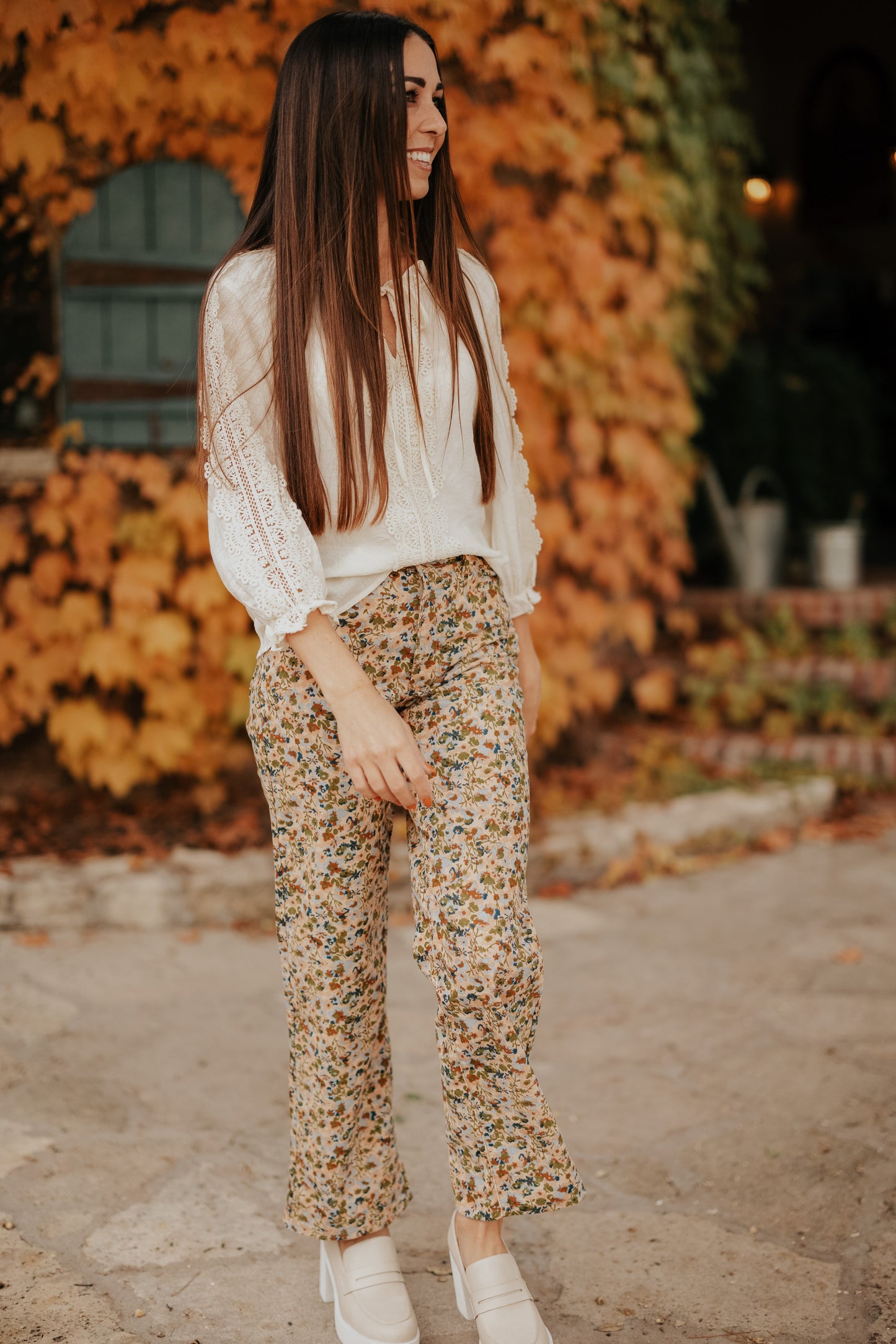SKYLAR TAUPE FLORAL PRINT CORDUROY PANTS
