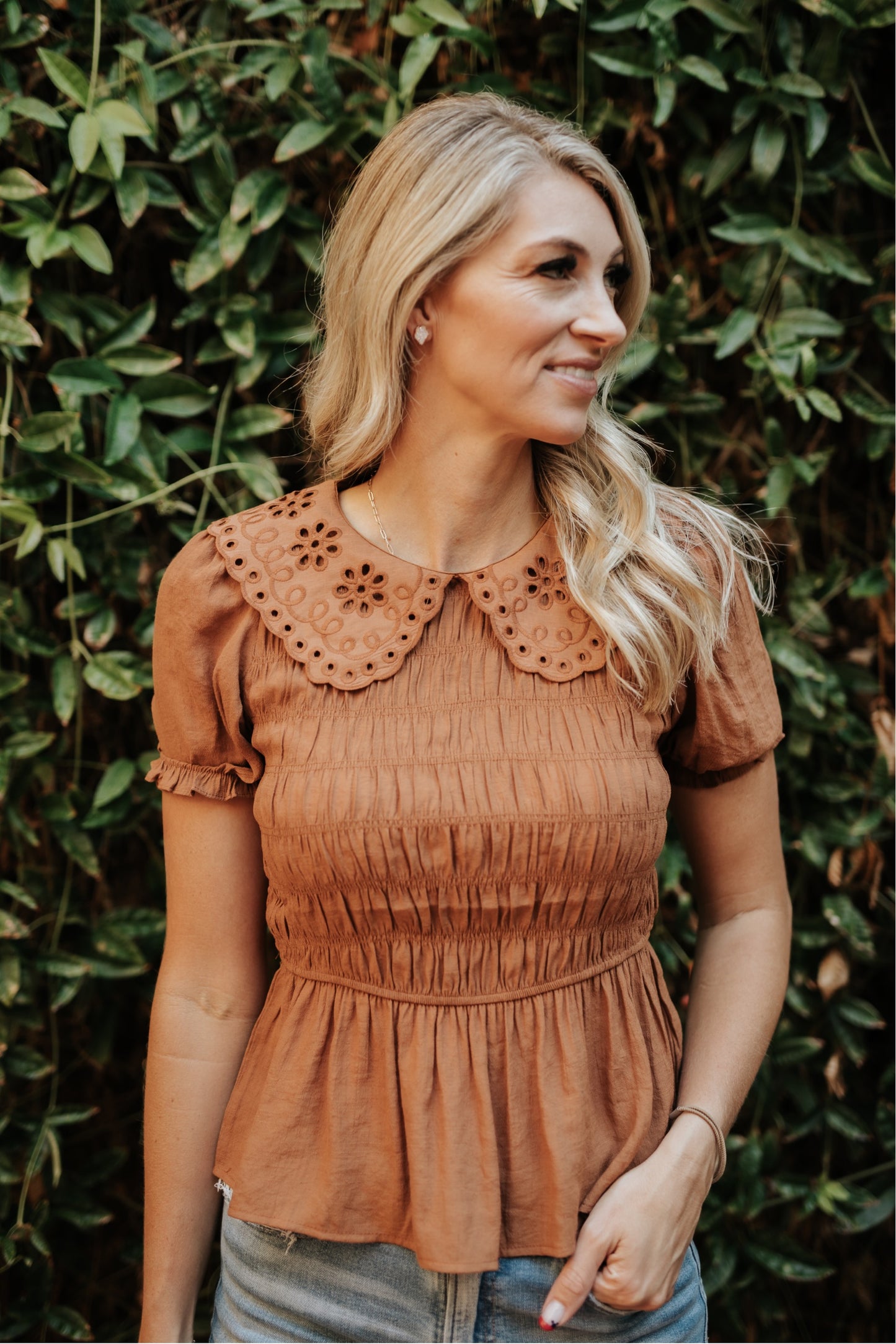 NAOMI BROWN EYELET SMOCK PEPLUM TOP