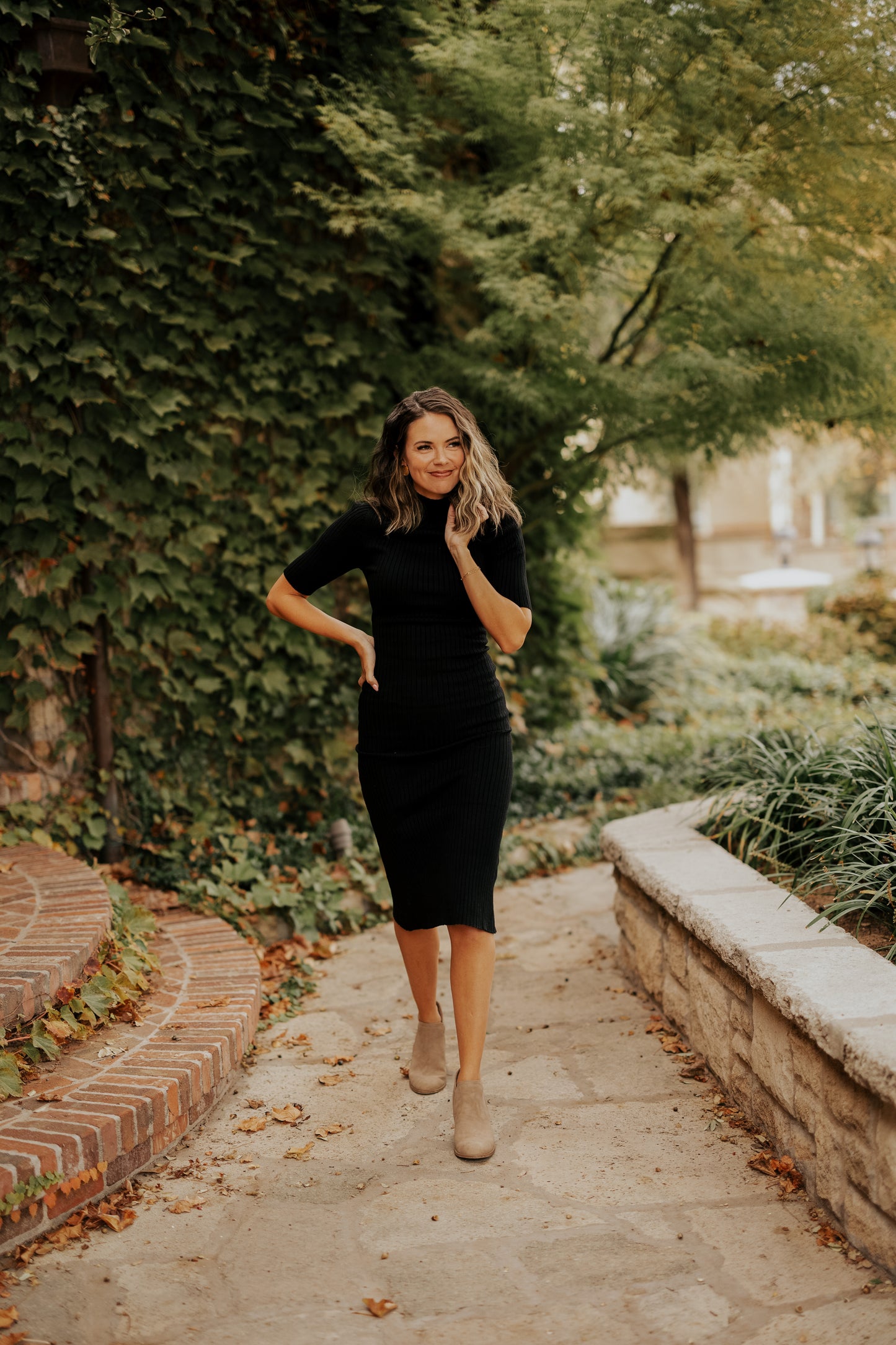 AMELIA MOCK NECK RIBBED SWEATER DRESS-BLACK