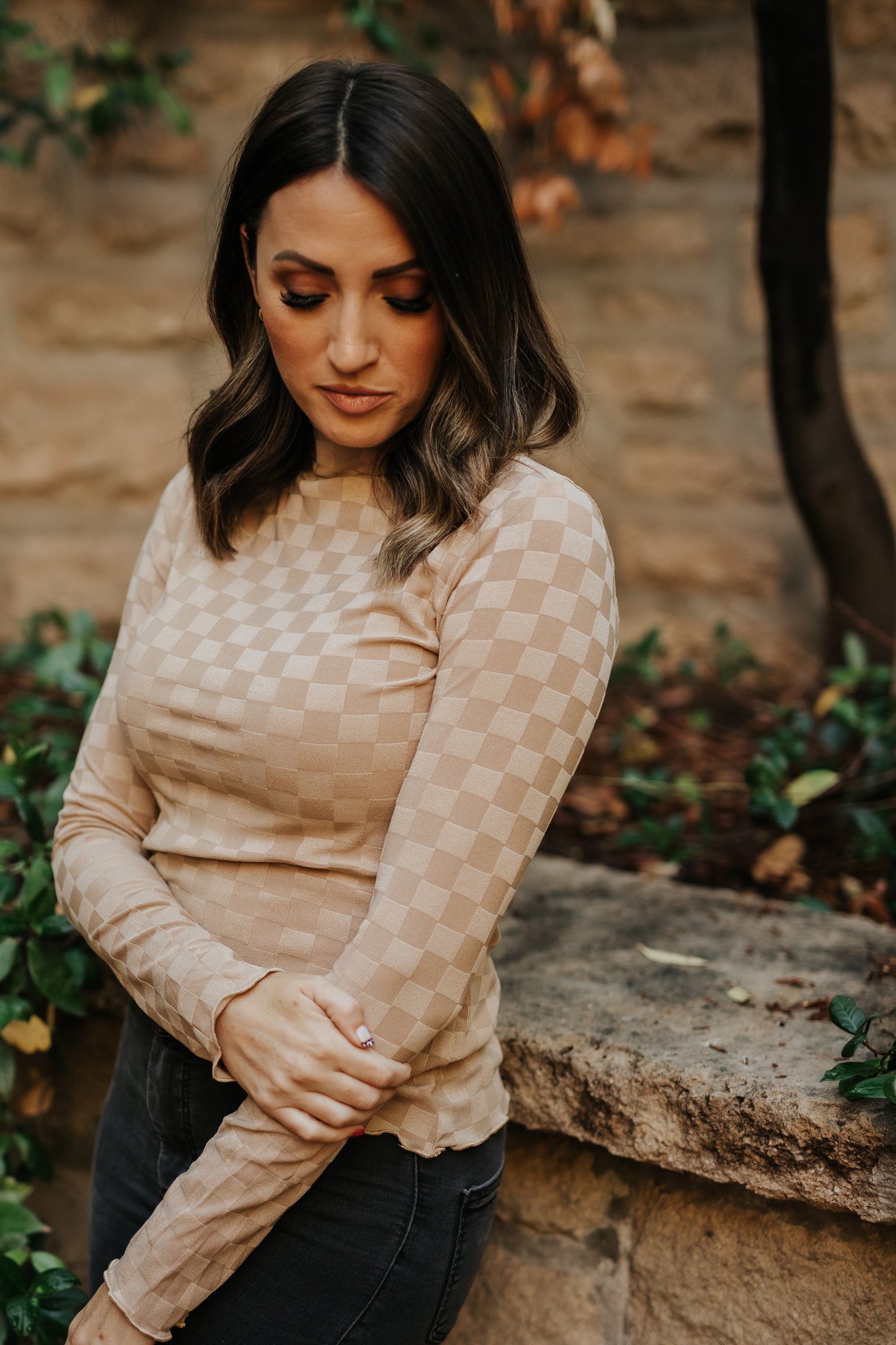 ANNIE LONG SLEEVE CHECKERED KNIT TOP-TAN