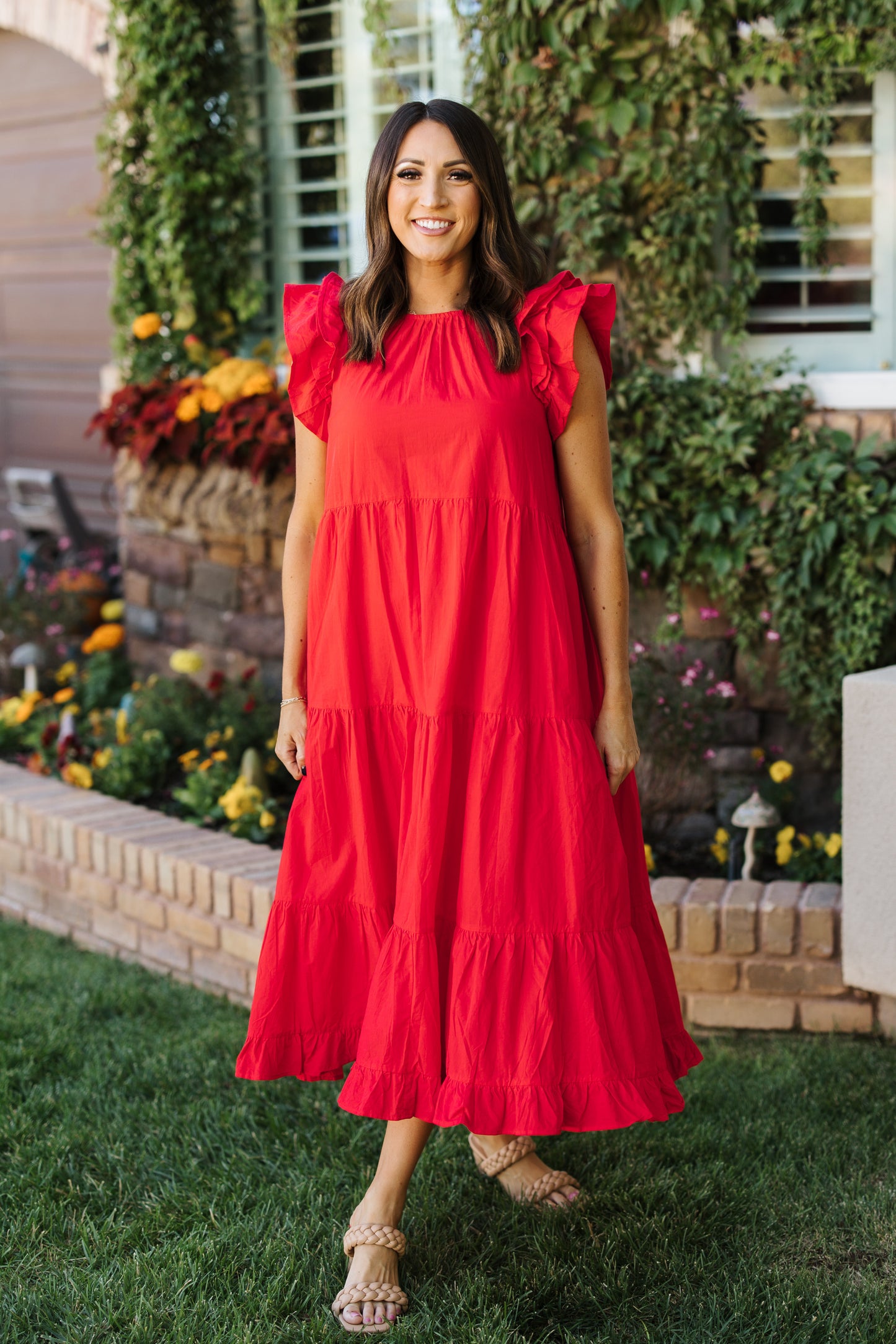 NINA CORAL RED FLUTTER SLEEVE TIERED DRESS