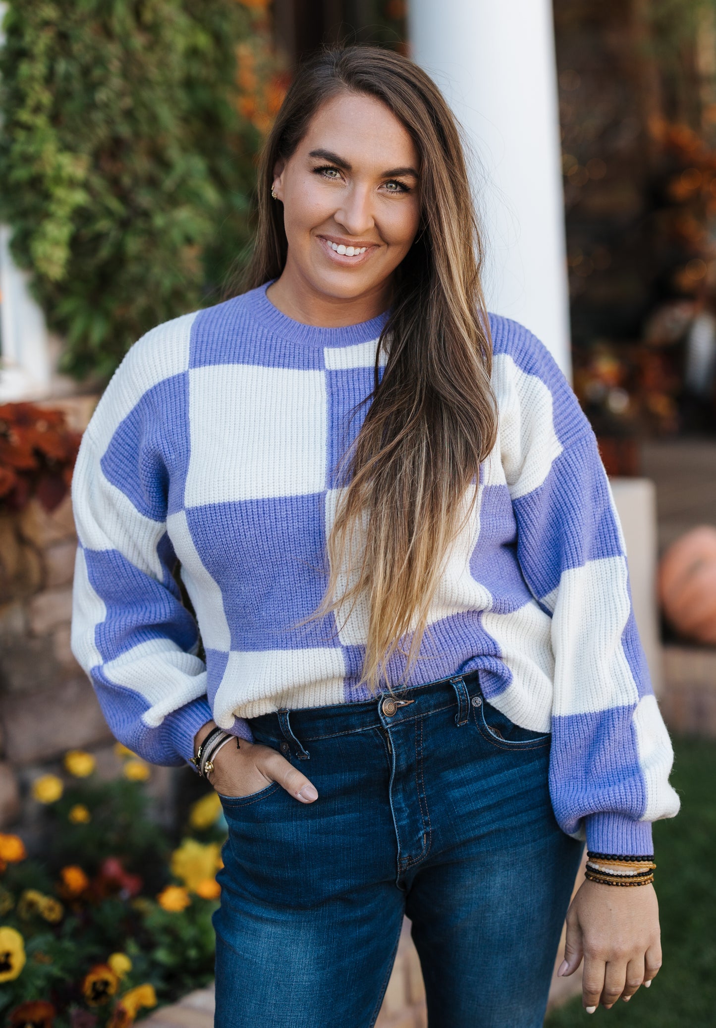 MEADOW VIOLET OVERSIZED CHECKERBOARD PULLOVER
