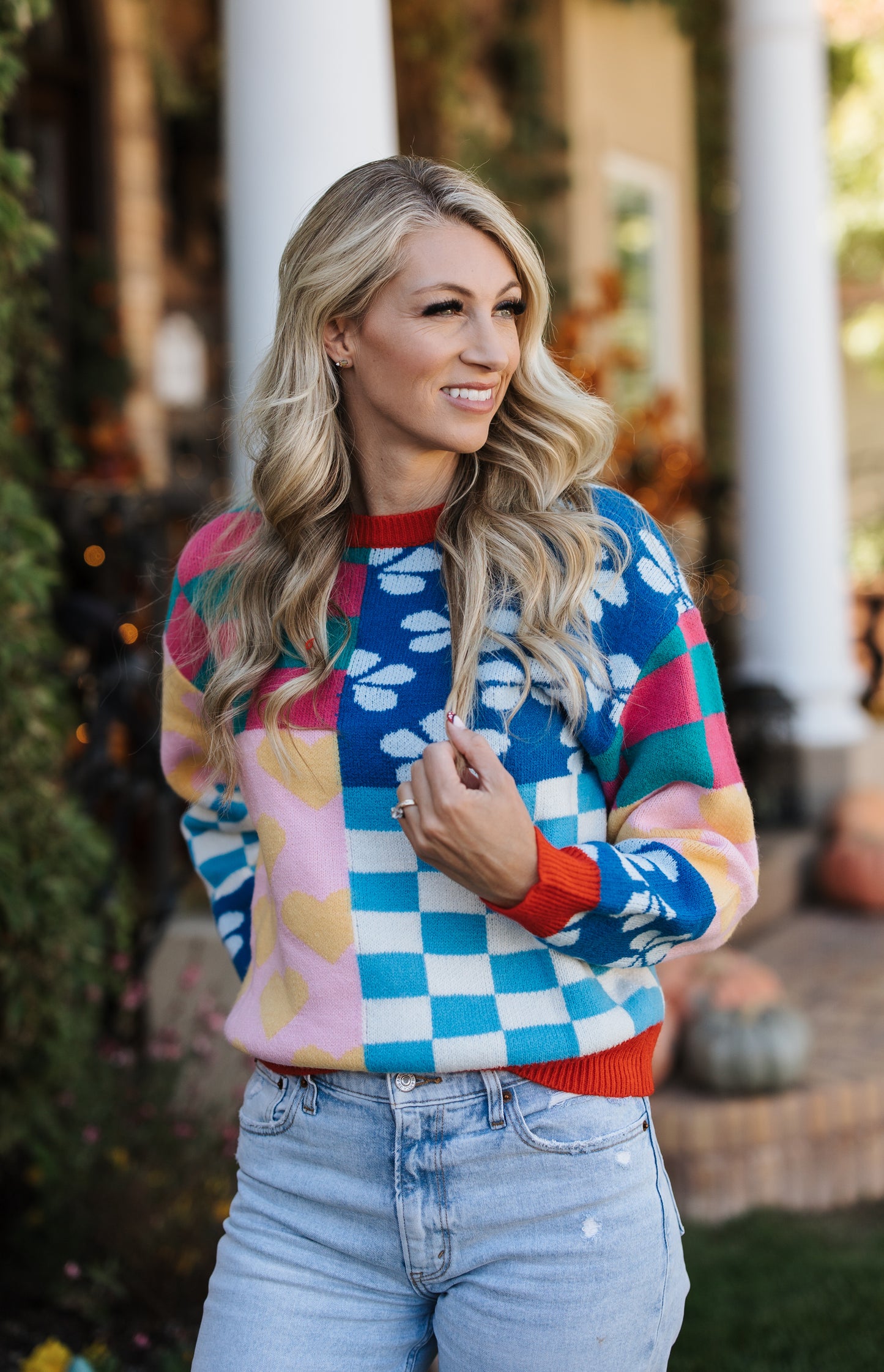 LAURA RED MULTI PATTERNED SWEATER