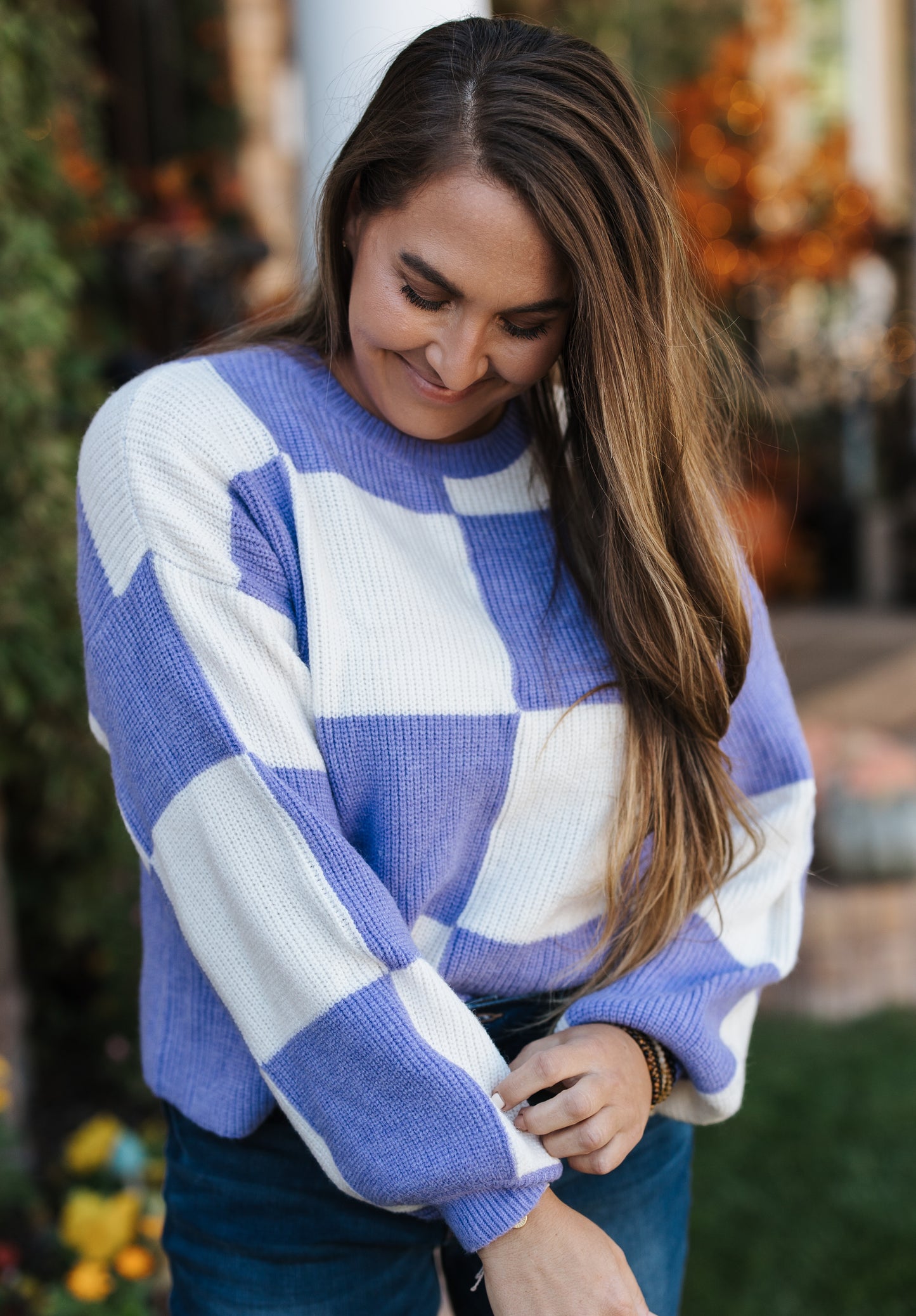 MEADOW VIOLET OVERSIZED CHECKERBOARD PULLOVER