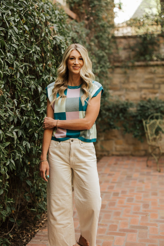 CLEO TEAL CHECKERED SWEATER VEST
