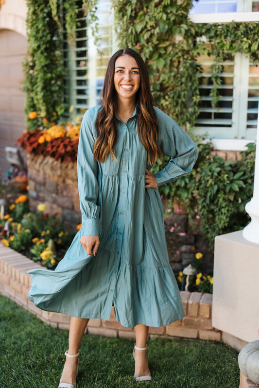 SELAH SAGE BLUE TIERED BUTTON DOWN DRESS
