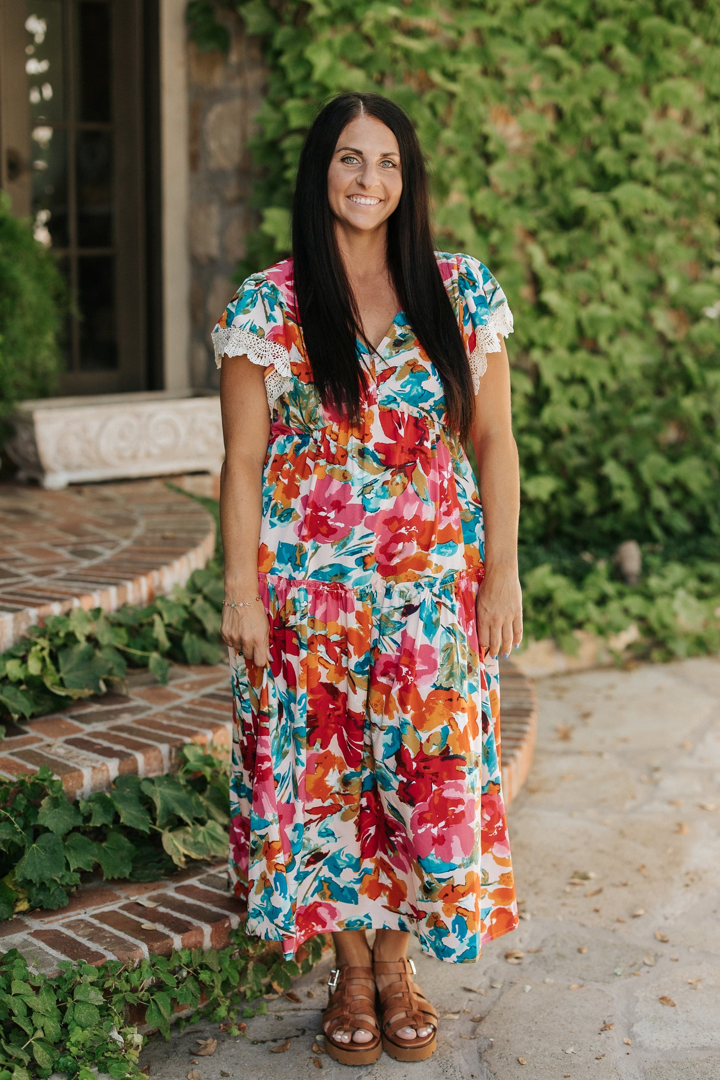 ATHENA FLORAL PRINT WITH EMBROIDERY TRIM MAXI DRESS