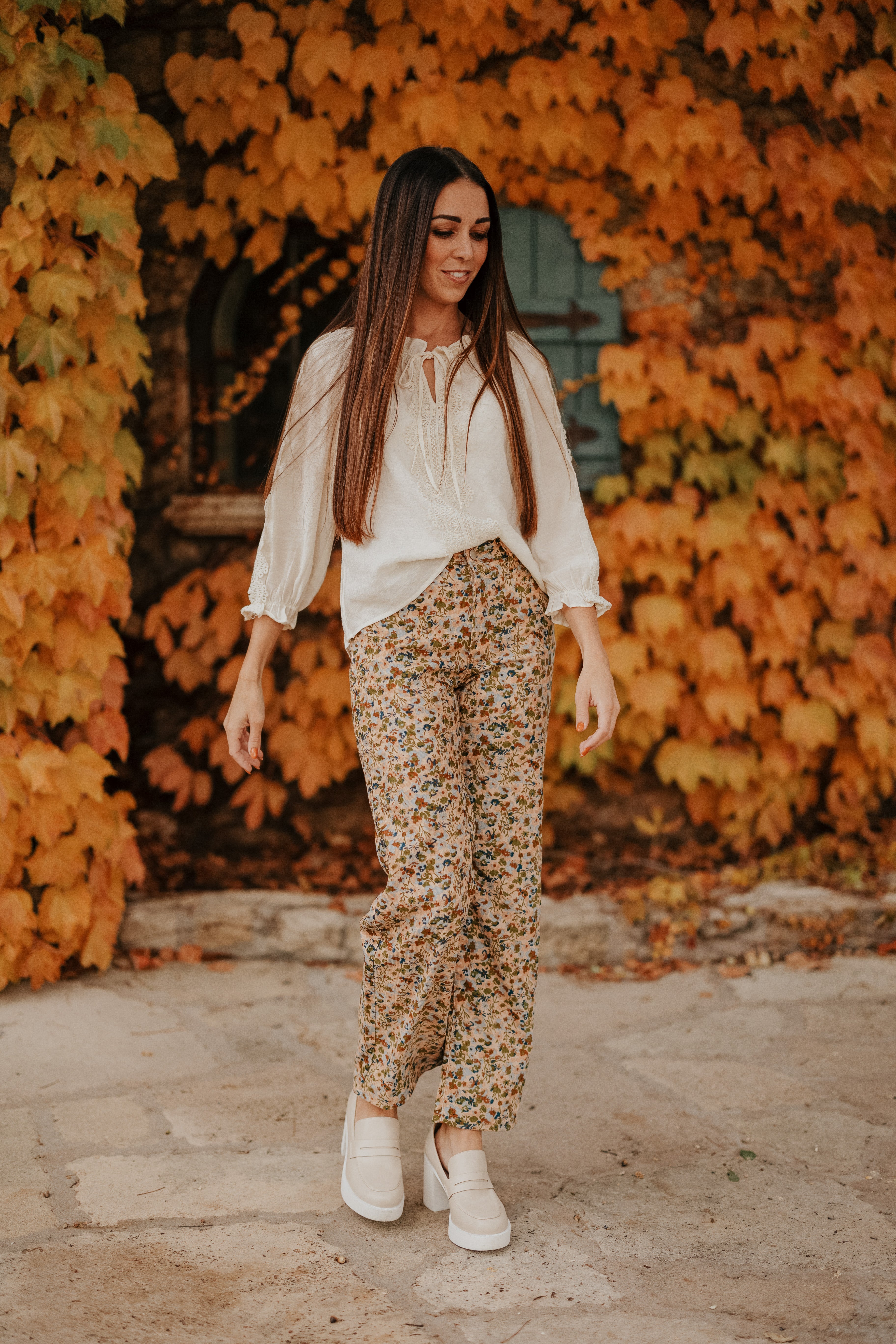 SKYLAR TAUPE FLORAL PRINT CORDUROY PANTS