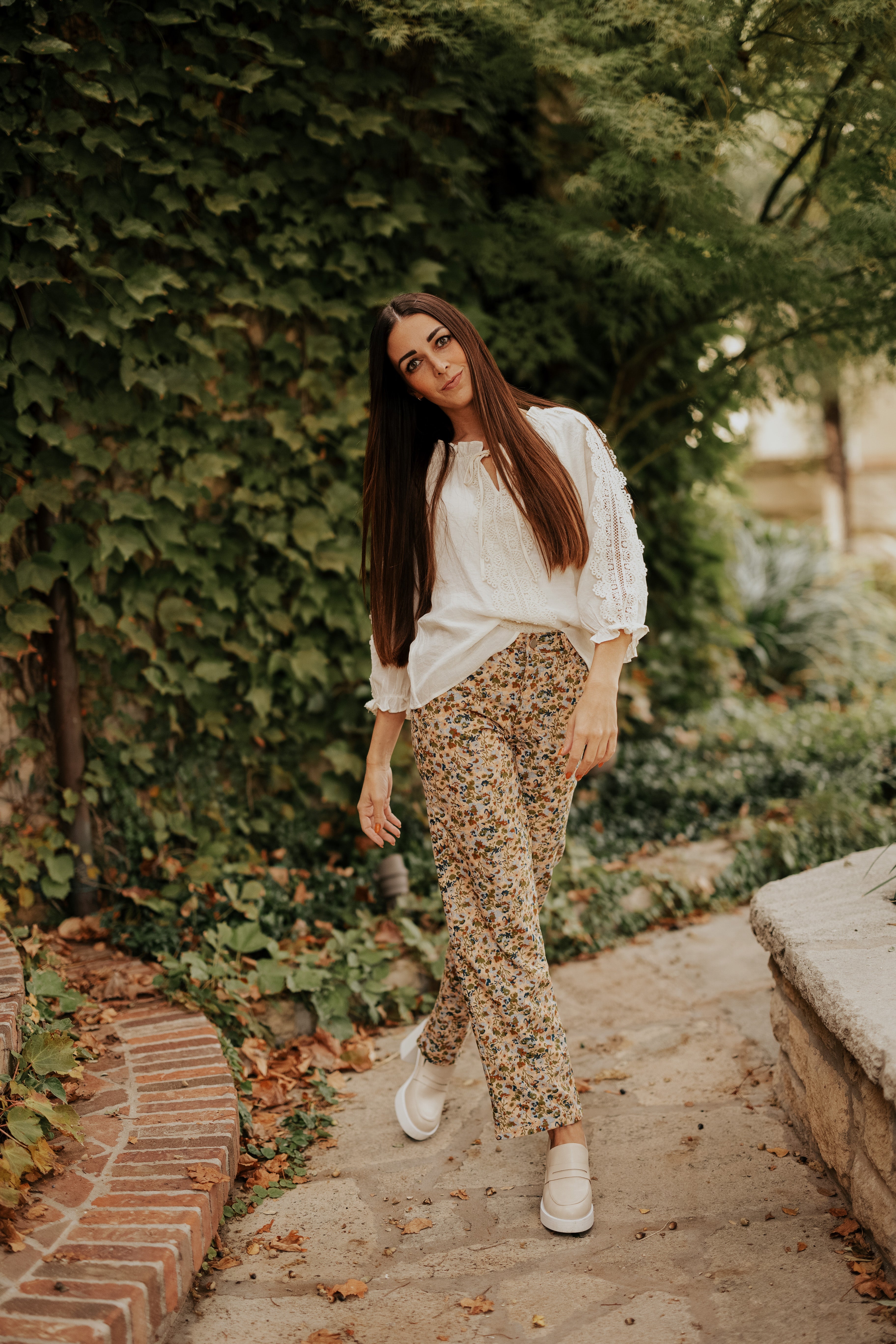 SKYLAR TAUPE FLORAL PRINT CORDUROY PANTS